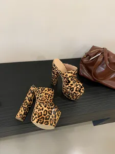 Close-up of leopard print platform mules with a high block heel and peep-toe design
