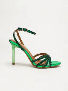 Side profile of emerald green metallic stiletto sandals with rhinestone scalloped straps