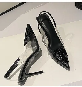 Detailed view of elegant black pointed toe stiletto slingback heels with PVC panels