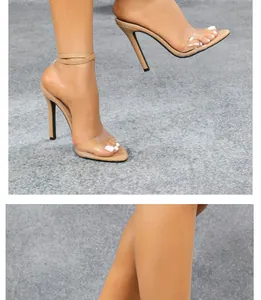 Detailed side view of nude stiletto sandals with transparent PVC strap and ankle lace