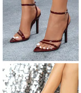Elegant burgundy patent leather high heel sandals with pointed toe and adjustable ankle strap