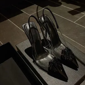 Women Pointed Toe Stiletto High Heel Slingback Sandals Black PVC Transparent Patchwork Office Party Pump Shoes