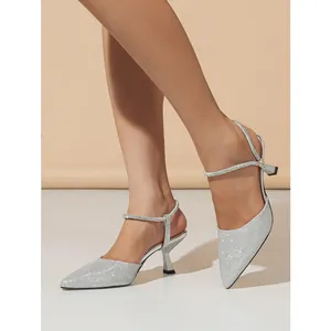 Elegant silver glitter pointed-toe slingback high heels with slim straps for women