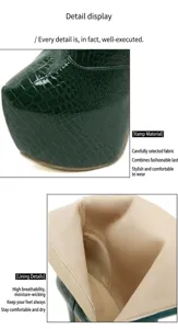 Macro détaillée du cuir crocodile vert et de la doublure douce des bottes à plateforme