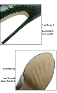 Gros plan du talon aiguille crocodile vert et de la semelle antidérapante des bottes.