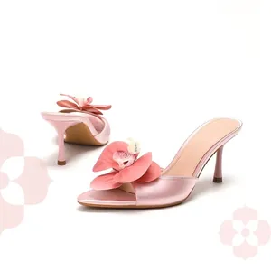 Women Elegant Satin High Heel Mules With 3D Floral Decoration Pointed Open Toe Stiletto Sandals For Banquet Vacation