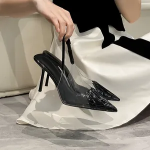 Elegant black pointed-toe stiletto heels with transparent PVC sides and slingback strap.