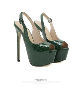 Elegante dunkelgrüne High-Heels-Sandalen mit Krokodilmuster und 16 cm Pfennigabsatz