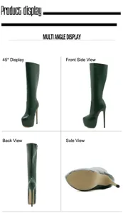 Vues multi-angles de bottes genouillères à talons aiguilles vert foncé motif croco