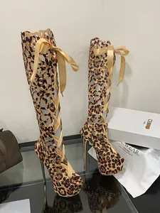 Leopard print peep-toe hollow high heel boots with ribbon lacing and platform detail