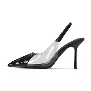 Elegant black pointed-toe slingback stiletto heels with transparent PVC side panels
