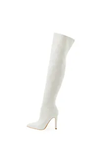 Side view of white pointed toe thigh-high boots with slim stiletto high heels