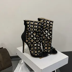 Fashionable black caged peep-toe stiletto heels with silver rivet studs for women