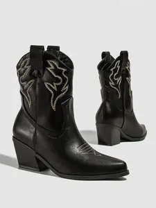 Classic black mid-calf cowboy boots with intricate embroidery and chunky high heel