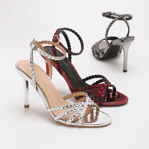 Elegant rhinestone ankle strap high heels for party wear in metallic silver red and grey