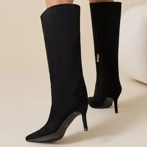 Elegant black faux suede pointed-toe high heel knee-high boots with convenient side zipper