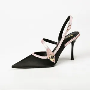 French style satin pointed toe stiletto heels in black and pink slingback design