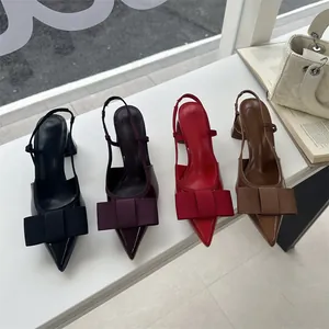 Elegant pointed toe bow slingback heels in multiple colors for formal office wear.