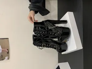 Gothic black patent leather platform ankle boots with metal chain and stud details for women