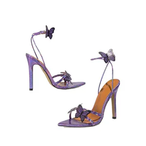Elegant purple holographic pointed-toe stiletto heels with decorative 3D butterfly wings.