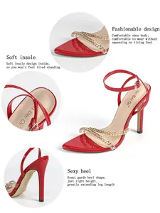 Detailed macro view of red pointed-toe stilettos with gold chain straps and soft insole.