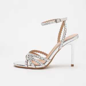 Silver rhinestone stiletto heel sandals with elegant ankle strap for formal banquet