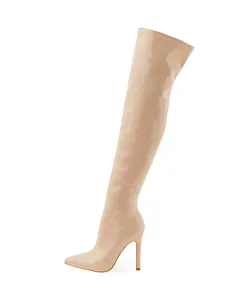 Elegant nude patent leather thigh-high boots with pointed toe and slim stiletto heel