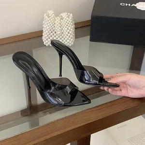 Elegant black pointed toe stiletto sandals with clear transparent strap for summer