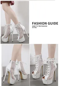 Detailed view of white mesh lace-up platform sandals with peep-toe and high stiletto heel