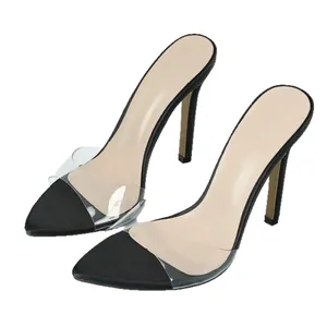 Fashionable high heel sandals with PVC transparent strap and black pointed toe.