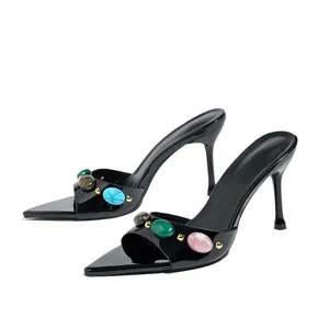 Sexy black open-toe high-heel sandals featuring colorful gemstone embellishments