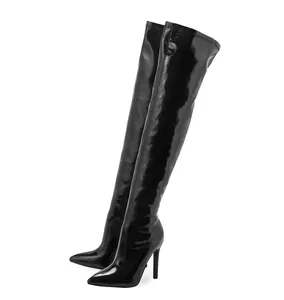 Detailed side profile of black patent leather thigh-high boots with sleek stiletto heels.
