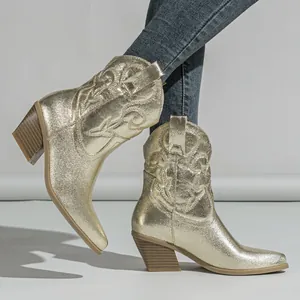 Vintage golden metallic cowboy boots with embroidery and chunky heel for women