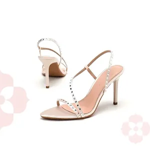 Women Elegant Satin Rhinestone High Heel Sandals Pointed Toe Stiletto One Strap Dress Shoes For Banquet Wedding Party Summer