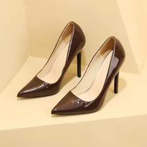 Elegant dark brown patent leather stiletto high heels with pointed toe design details