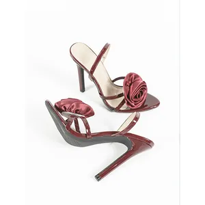 Sexy wine red high-heeled sandals with elegant satin rose flower decoration