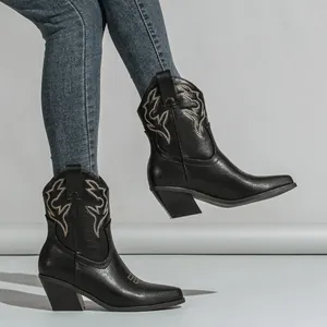 Stylish black western cowboy boots featuring intricate embroidery and chunky heels