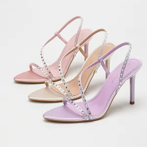 Elegant satin high heel sandals featuring rhinestone straps in pink beige and lavender