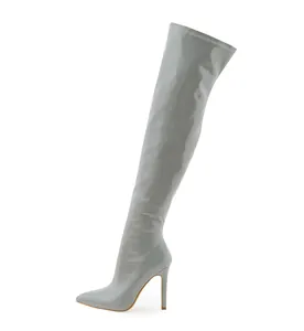 Grey patent leather pointed toe over-the-knee boots with elegant stiletto heels.