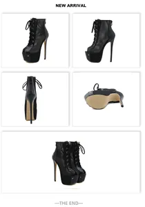 Detail views of black mesh peep-toe stiletto boots with platform and lace-up front