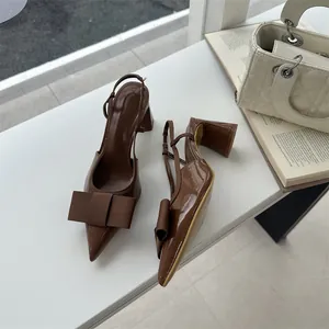 Close-up detail of stylish brown pointed toe slingback pumps featuring a ribbon bow.