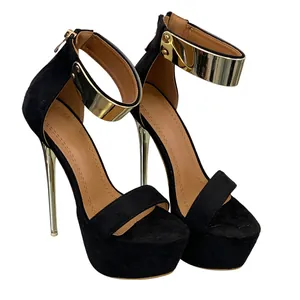 Elegant black suede platform sandals with slim gold stiletto heels and metal ankle strap