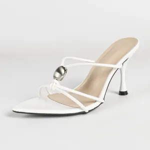 Elegant white high-heel sandals with thin straps and a metallic pebble detail buckle.