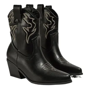 Black western embroidered cowboy ankle boots with chunky heel on white background