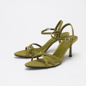 Chic olive green suede strappy stiletto sandals with pointed open toe and ankle buckle strap