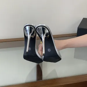 Detail view of silver stiletto heels and transparent straps on high-heeled mules