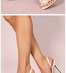 Detailed view of elegant high-heel sandals featuring colorful 3D floral accents.