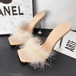Detailed view of high-heeled mules featuring plush feathers and clear PVC bands.