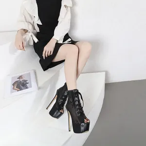 Women's sexy black mesh peep-toe lace-up high heel sandals with thick platform