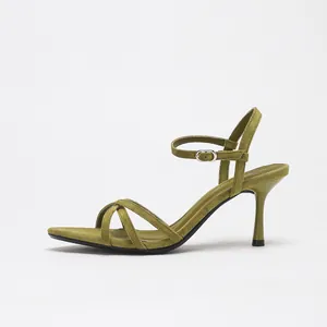 Olive green suede high heel sandals with ankle strap for women's elegant commute